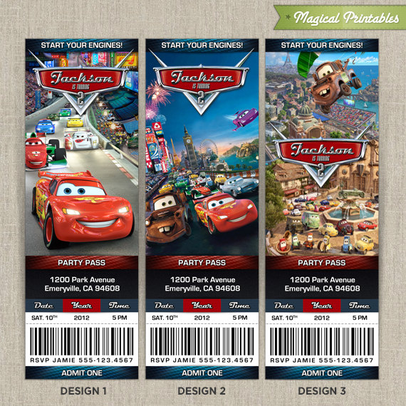 Personalized Disney CARS 2 Birthday Ticket Invitation Card Lightning Mc Queen and Mater